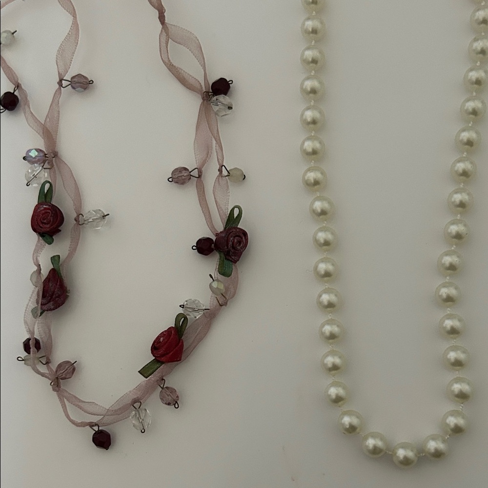 Pink Ribbon Rose Necklace (purchased in France) with Ivory Pearl Strand